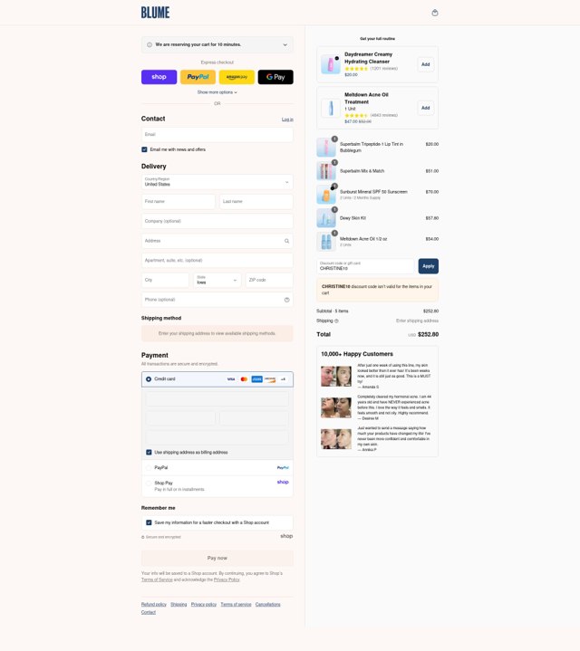 Blume checkout page showing Blume discount code box | Screenshot taken by SimplyCodes community member on Sep 6, 2025