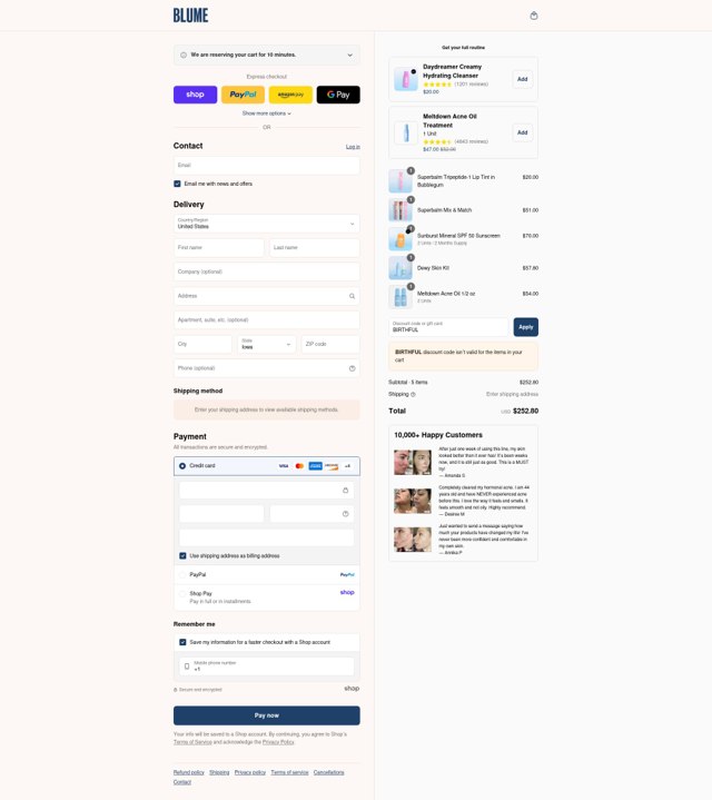 Blume checkout page showing Blume discount code box | Screenshot taken by SimplyCodes community member on Sep 6, 2025