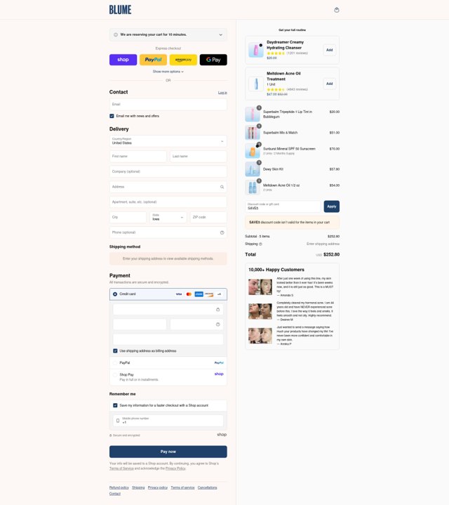 Blume checkout page showing Blume discount code box | Screenshot taken by SimplyCodes community member on Sep 6, 2025