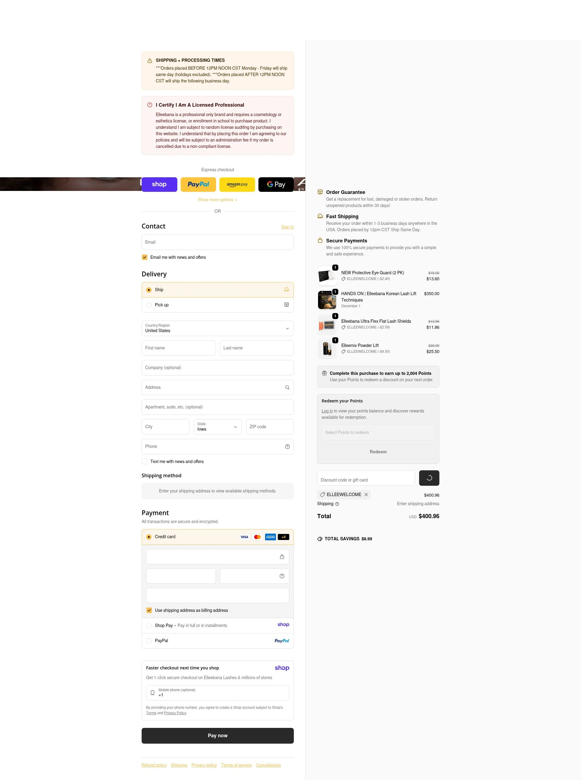 Elleebana Lashes checkout page showing Elleebana Lashes promo code box | Screenshot taken by SimplyCodes community member on Jan 18, 2026