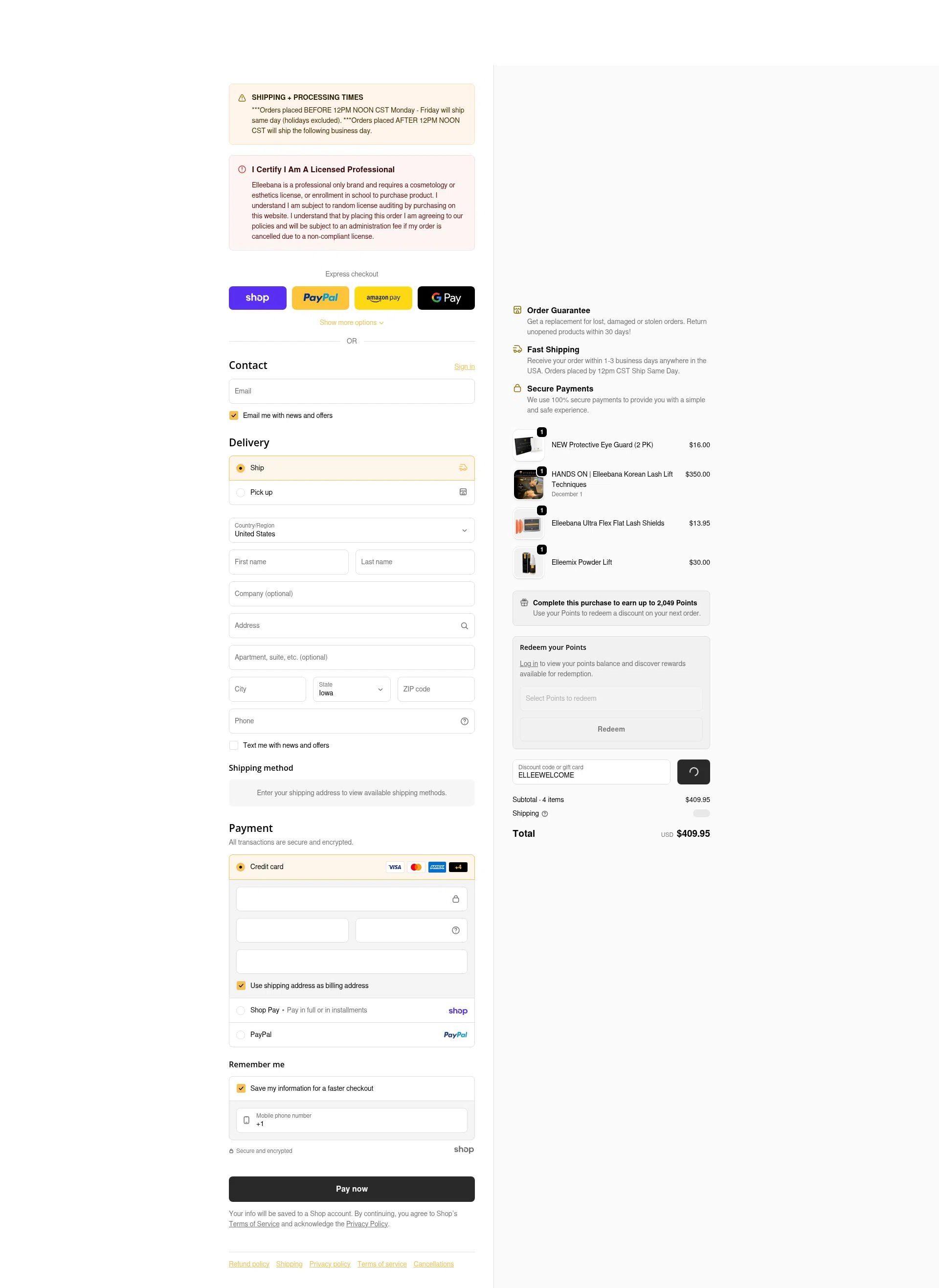Elleebana Lashes checkout page showing Elleebana Lashes promo code box | Screenshot taken by SimplyCodes community member on Jan 23, 2026