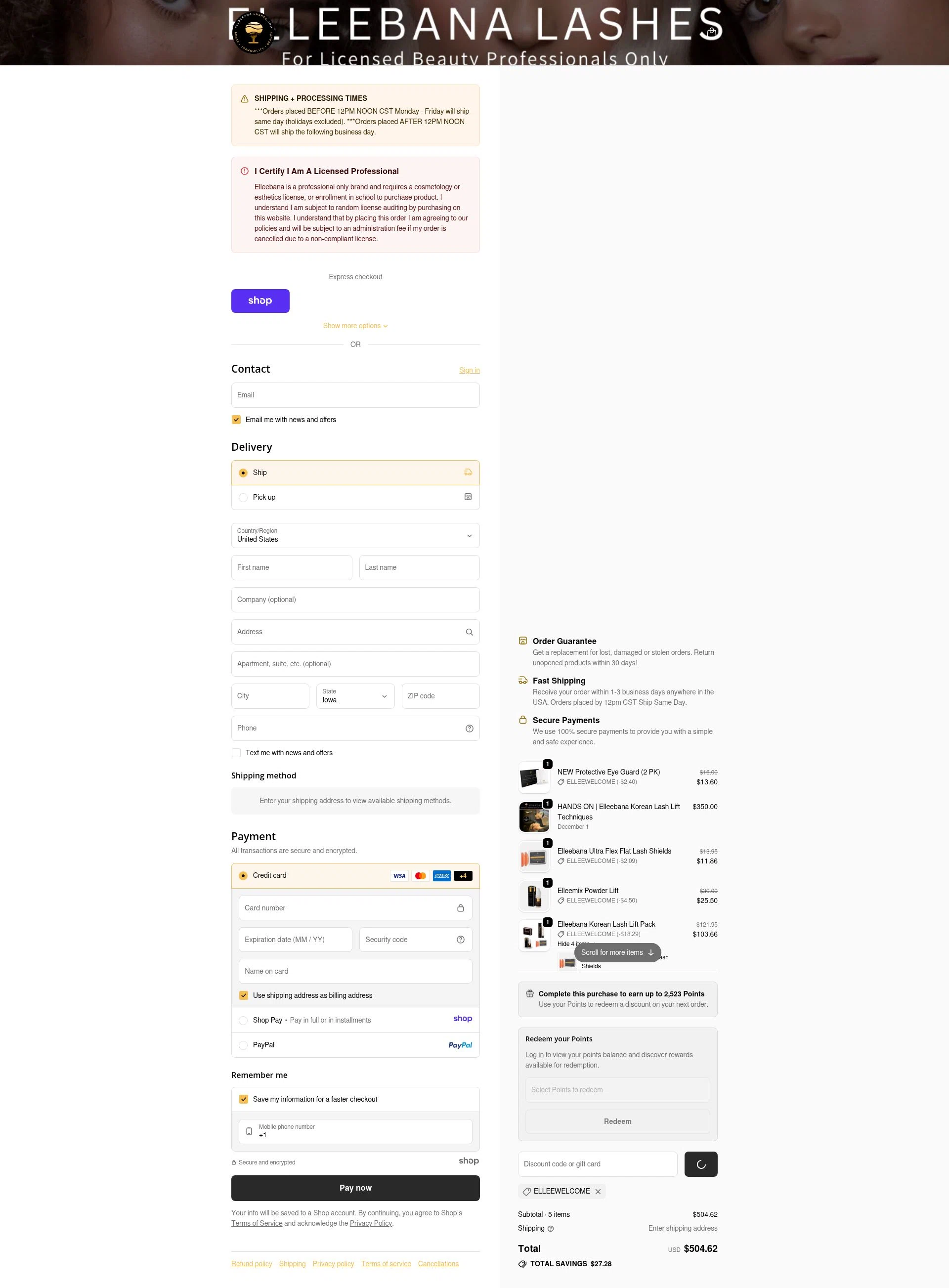 Elleebana Lashes checkout page showing Elleebana Lashes promo code box | Screenshot taken by SimplyCodes community member on Dec 29, 2025