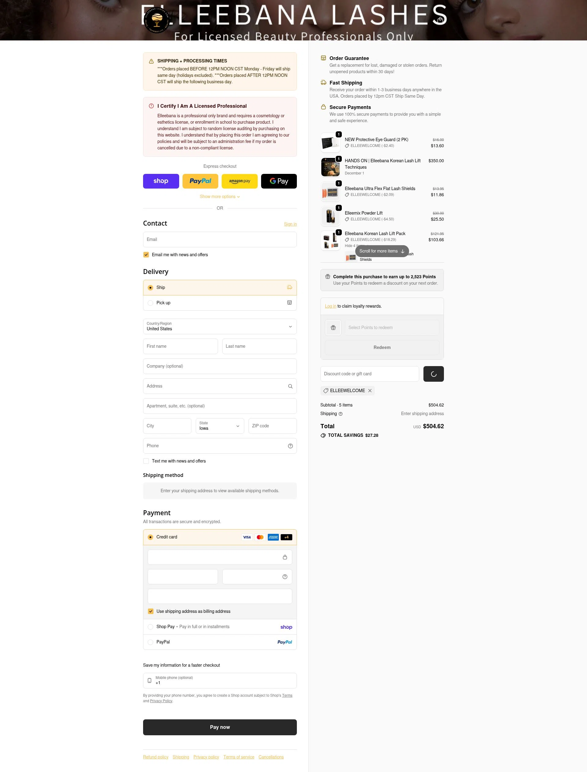 Elleebana Lashes checkout page showing Elleebana Lashes promo code box | Screenshot taken by SimplyCodes community member on Feb 1, 2026