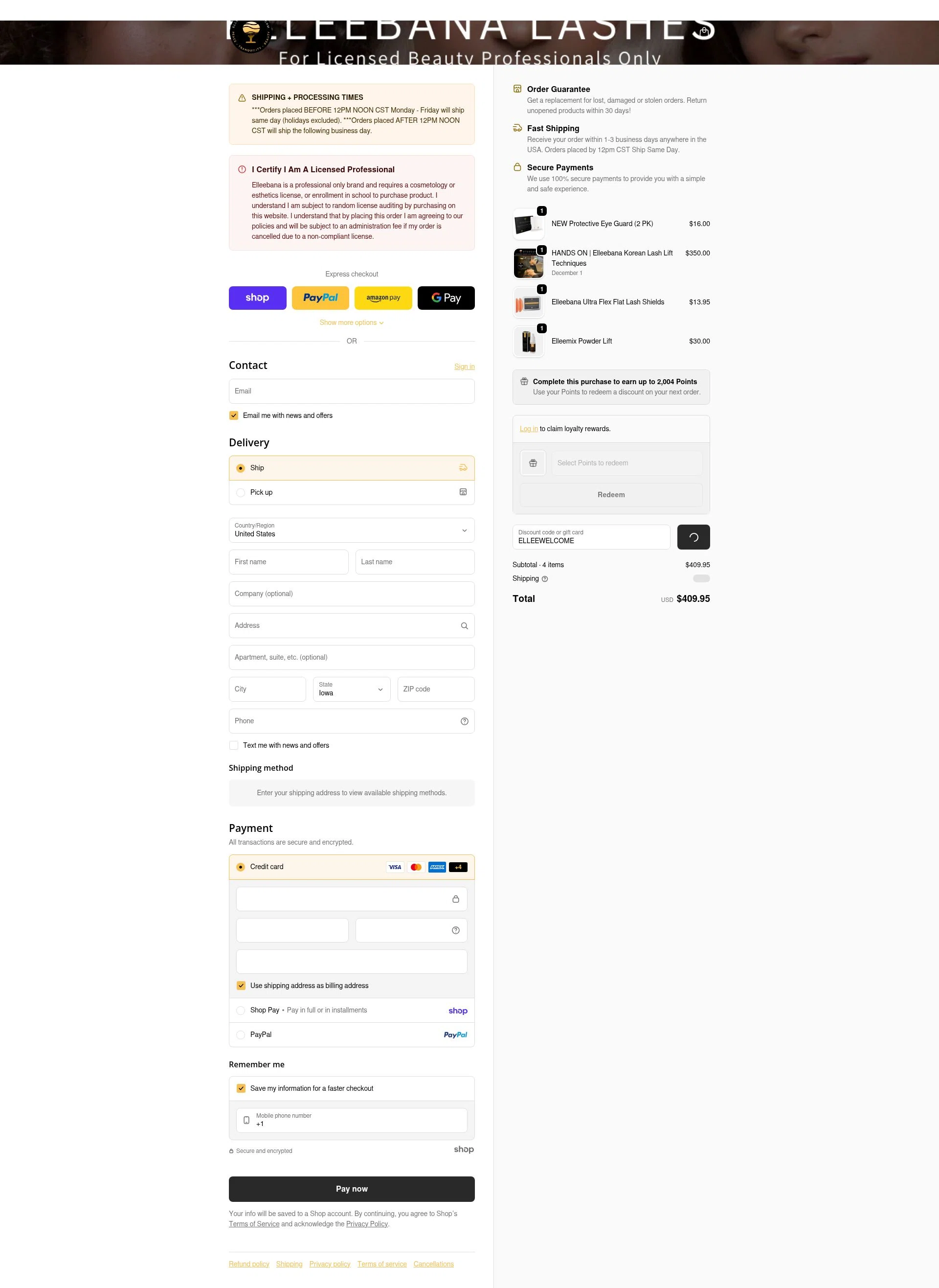 Elleebana Lashes checkout page showing Elleebana Lashes promo code box | Screenshot taken by SimplyCodes community member on Jan 28, 2026