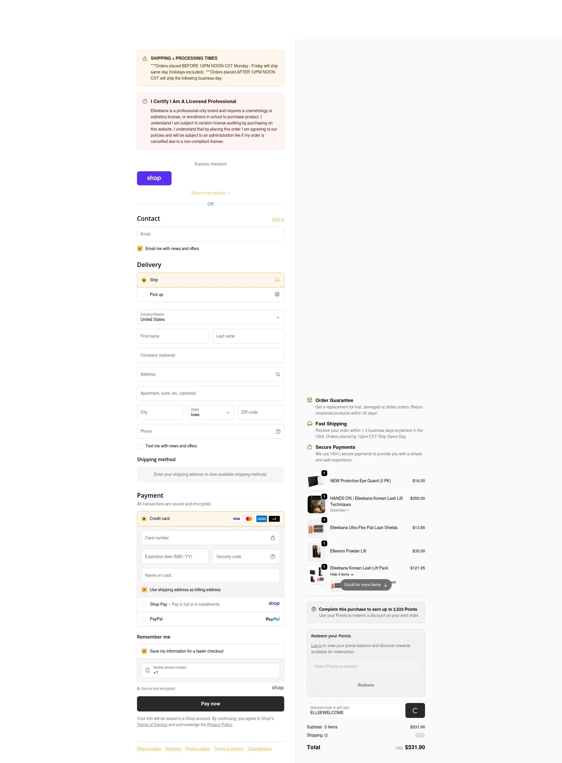 Elleebana Lashes checkout page showing Elleebana Lashes promo code box | Screenshot taken by SimplyCodes community member on Jan 8, 2026