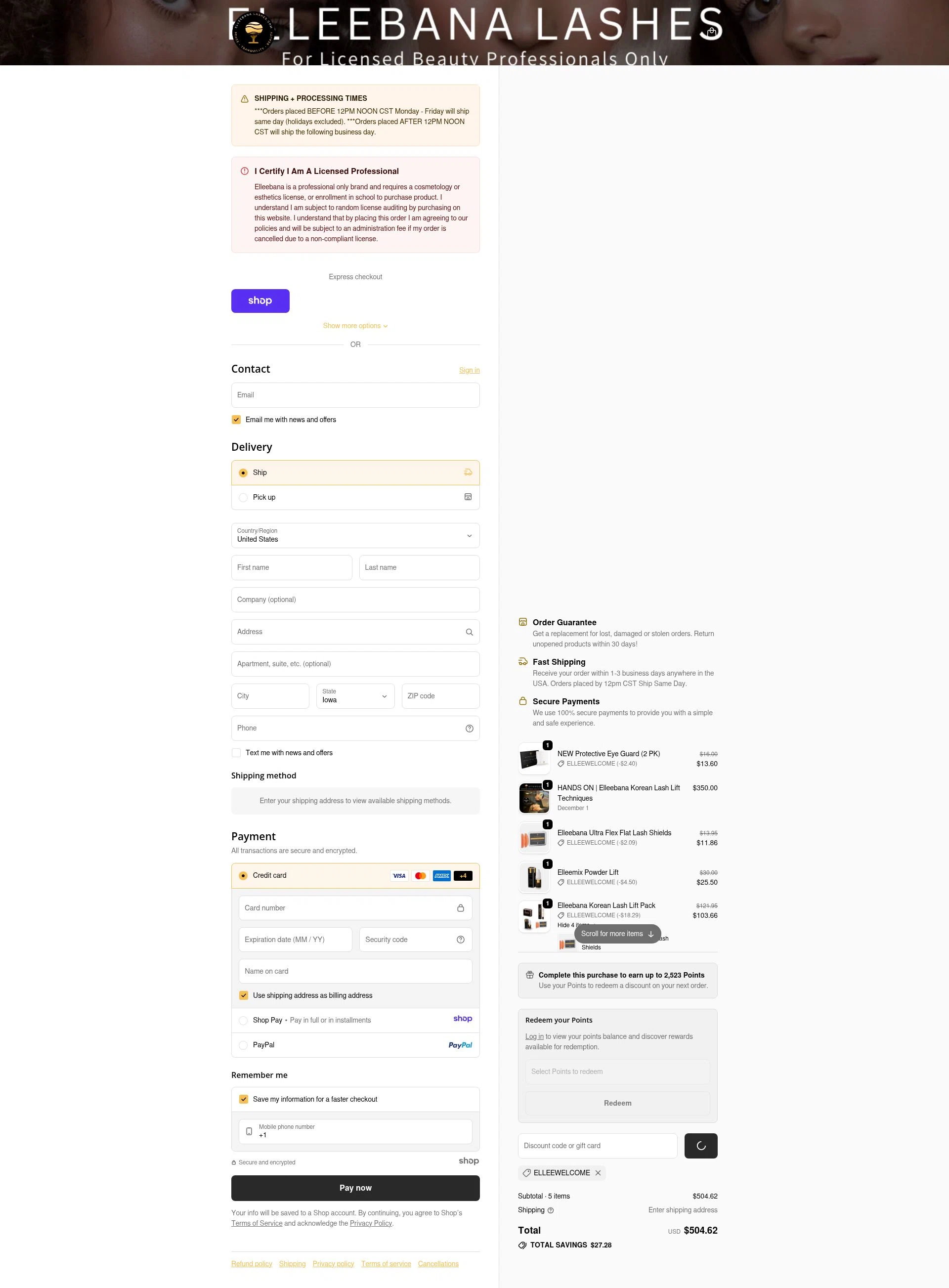 Elleebana Lashes checkout page showing Elleebana Lashes promo code box | Screenshot taken by SimplyCodes community member on Jan 3, 2026