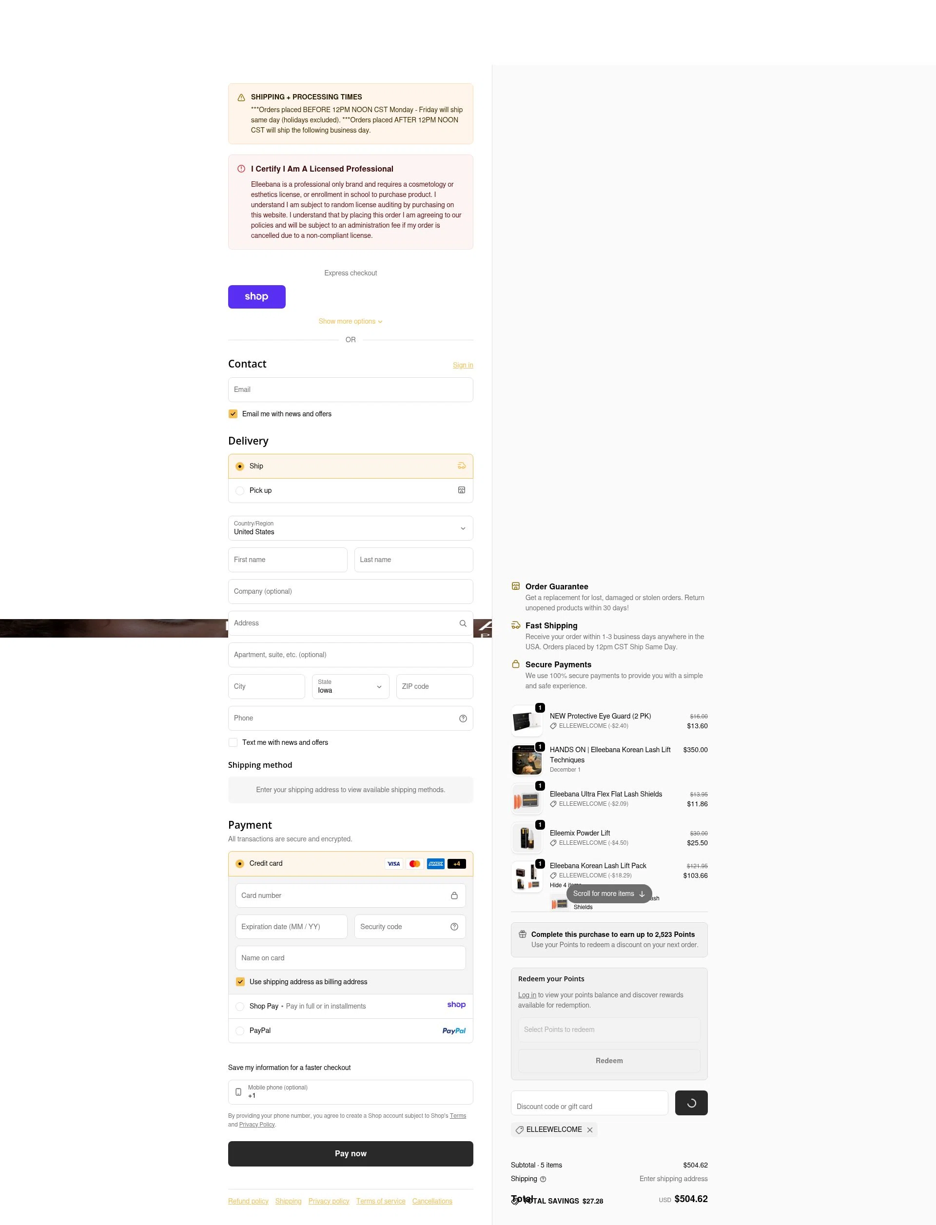 Elleebana Lashes checkout page showing Elleebana Lashes promo code box | Screenshot taken by SimplyCodes community member on Jan 13, 2026