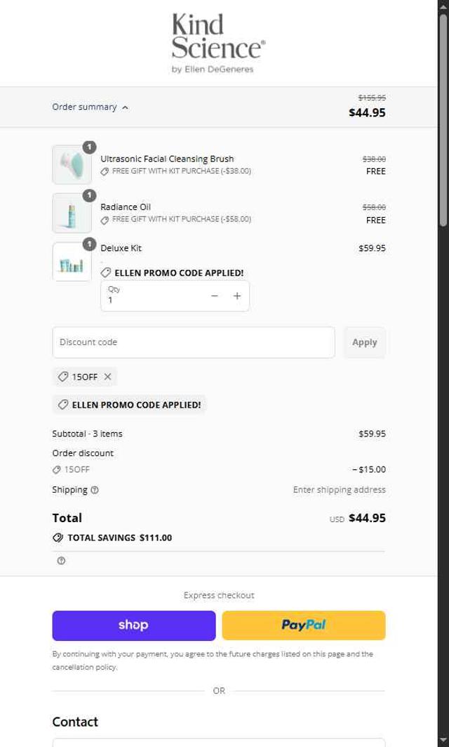 The Ellen Shop checkout page showing The Ellen Shop promo code box | Screenshot taken by SimplyCodes community member on Sep 13, 2025