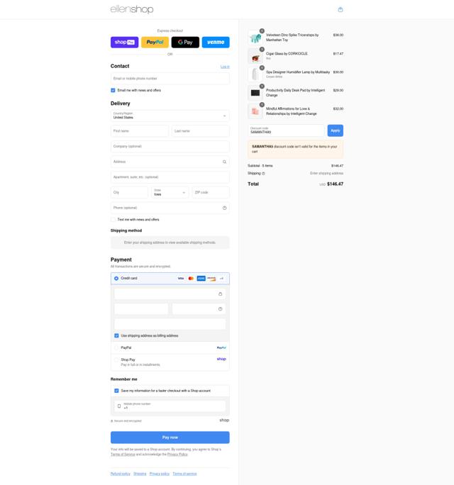 The Ellen Shop checkout page showing The Ellen Shop promo code box | Screenshot taken by SimplyCodes community member on Aug 22, 2025