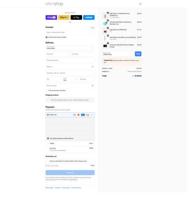 The Ellen Shop checkout page showing The Ellen Shop promo code box | Screenshot taken by SimplyCodes community member on Aug 27, 2025