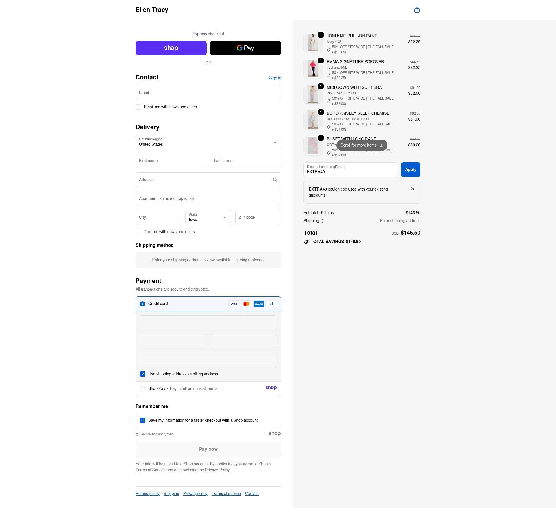 Ellen Tracy checkout page showing Ellen Tracy promo code box | Screenshot taken by SimplyCodes community member on Dec 6, 2025
