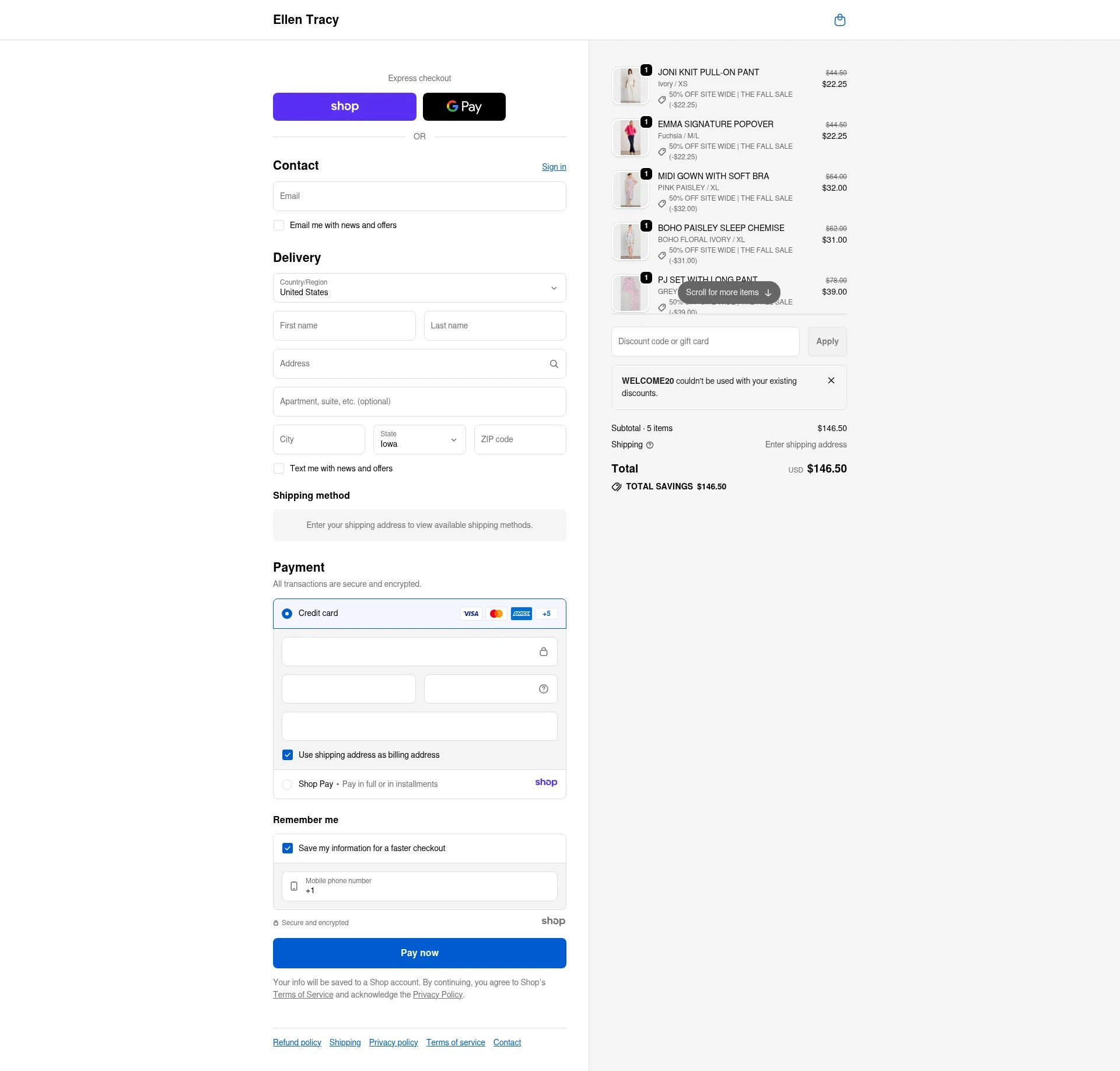 Ellen Tracy checkout page showing Ellen Tracy promo code box | Screenshot taken by SimplyCodes community member on Dec 29, 2025