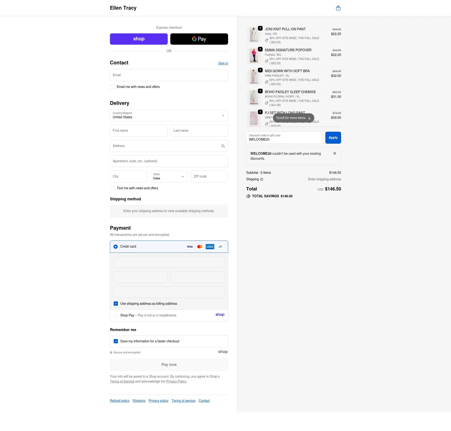 Ellen Tracy checkout page showing Ellen Tracy promo code box | Screenshot taken by SimplyCodes community member on Dec 11, 2025