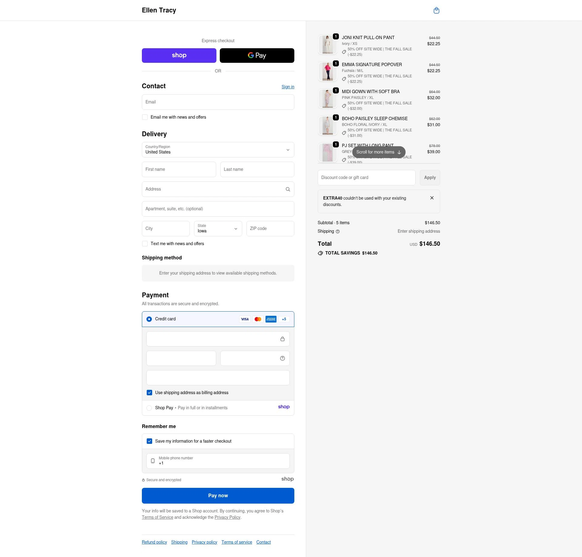Ellen Tracy checkout page showing Ellen Tracy promo code box | Screenshot taken by SimplyCodes community member on Dec 17, 2025