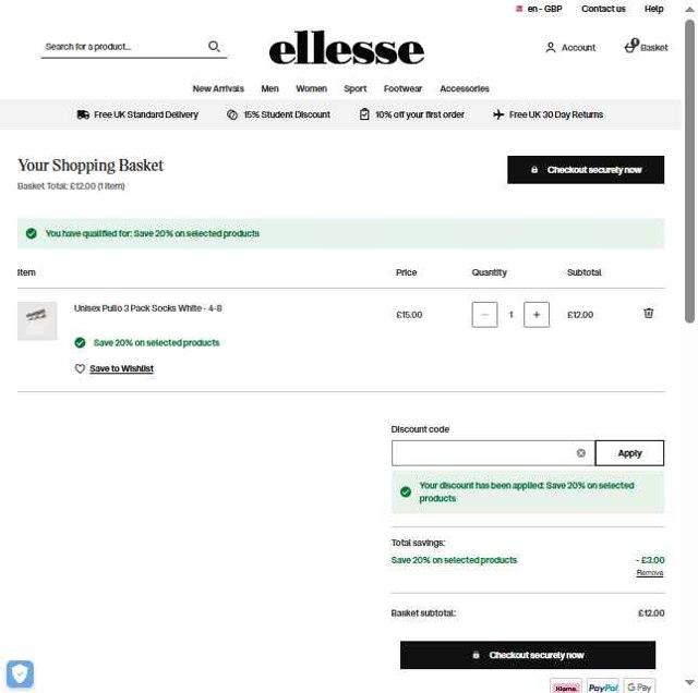 Ellesse checkout page showing Ellesse promo code box | Screenshot taken by SimplyCodes community member on Aug 22, 2025