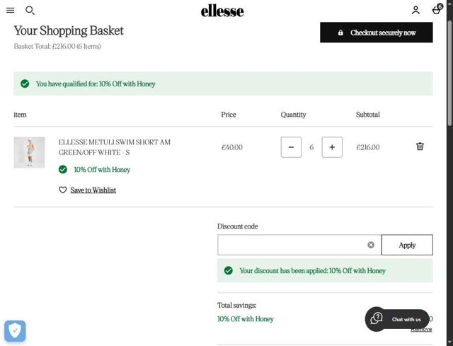 Ellesse checkout page showing Ellesse promo code box | Screenshot taken by SimplyCodes community member on Jun 30, 2025