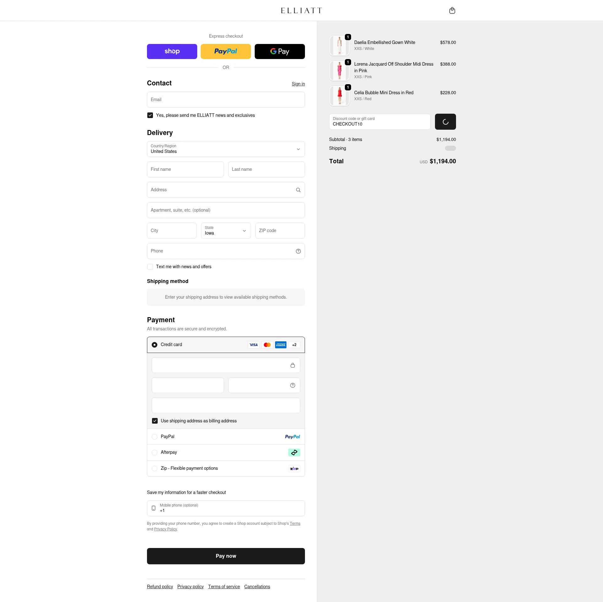 ELLIATT US checkout page showing ELLIATT US promo code box | Screenshot taken by SimplyCodes community member on Feb 18, 2026