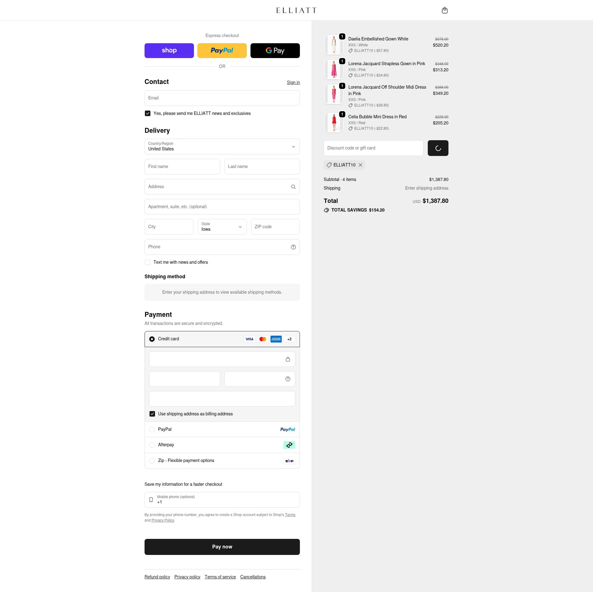 ELLIATT US checkout page showing ELLIATT US promo code box | Screenshot taken by SimplyCodes community member on Feb 13, 2026