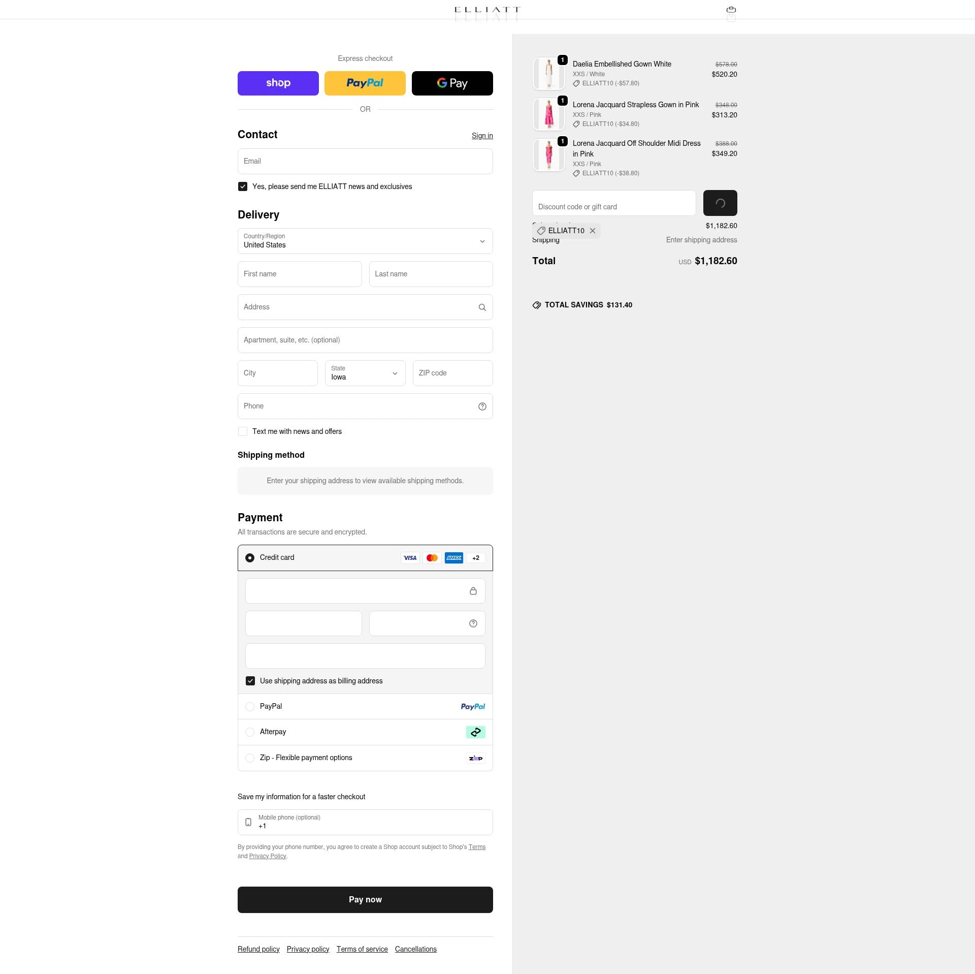 ELLIATT US checkout page showing ELLIATT US promo code box | Screenshot taken by SimplyCodes community member on Jan 31, 2026