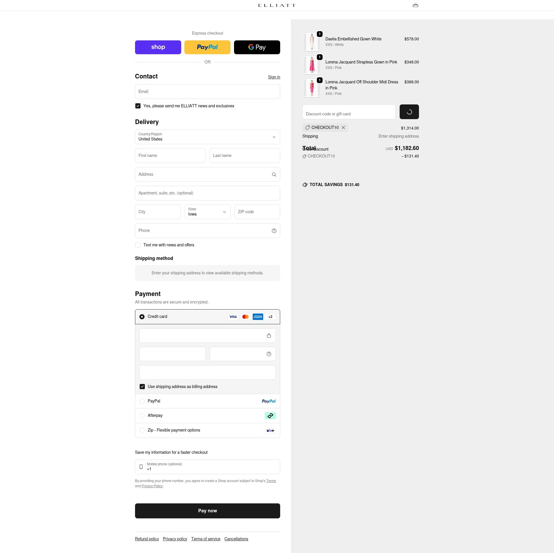 ELLIATT US checkout page showing ELLIATT US promo code box | Screenshot taken by SimplyCodes community member on Feb 9, 2026