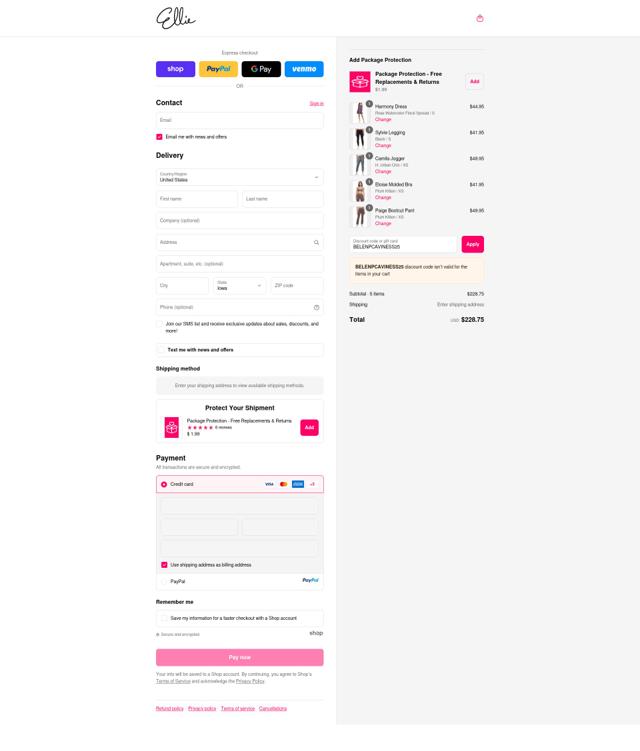 Ellie checkout page showing Ellie promo code box | Screenshot taken by SimplyCodes community member on Sep 14, 2025