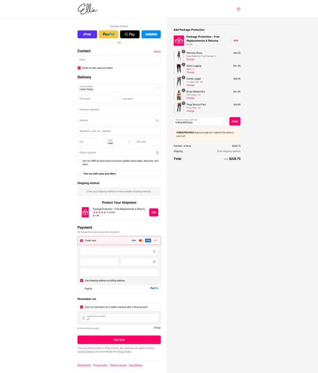 Ellie checkout page showing Ellie promo code box | Screenshot taken by SimplyCodes community member on Sep 14, 2025