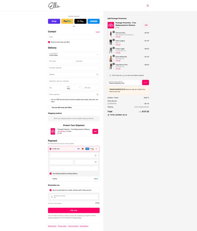 Ellie checkout page showing Ellie promo code box | Screenshot taken by SimplyCodes community member on Aug 29, 2025