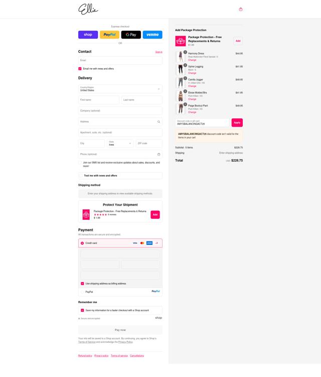 Ellie checkout page showing Ellie promo code box | Screenshot taken by SimplyCodes community member on Sep 14, 2025