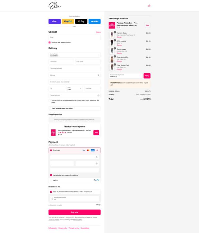 Ellie checkout page showing Ellie promo code box | Screenshot taken by SimplyCodes community member on Sep 14, 2025