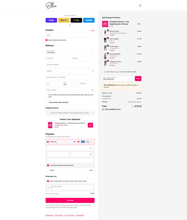 Ellie checkout page showing Ellie promo code box | Screenshot taken by SimplyCodes community member on Aug 29, 2025