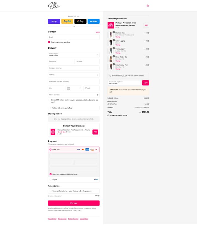 Ellie checkout page showing Ellie promo code box | Screenshot taken by SimplyCodes community member on Aug 29, 2025
