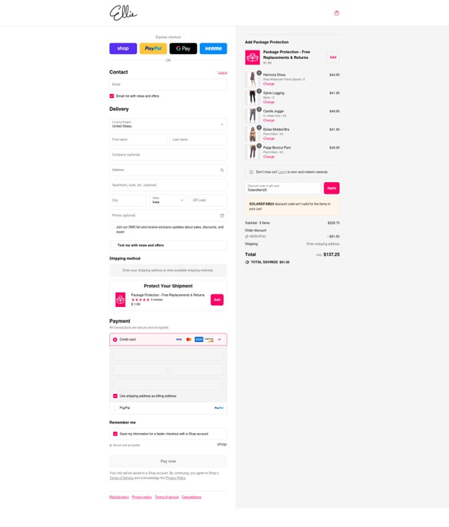 Ellie checkout page showing Ellie promo code box | Screenshot taken by SimplyCodes community member on Aug 29, 2025