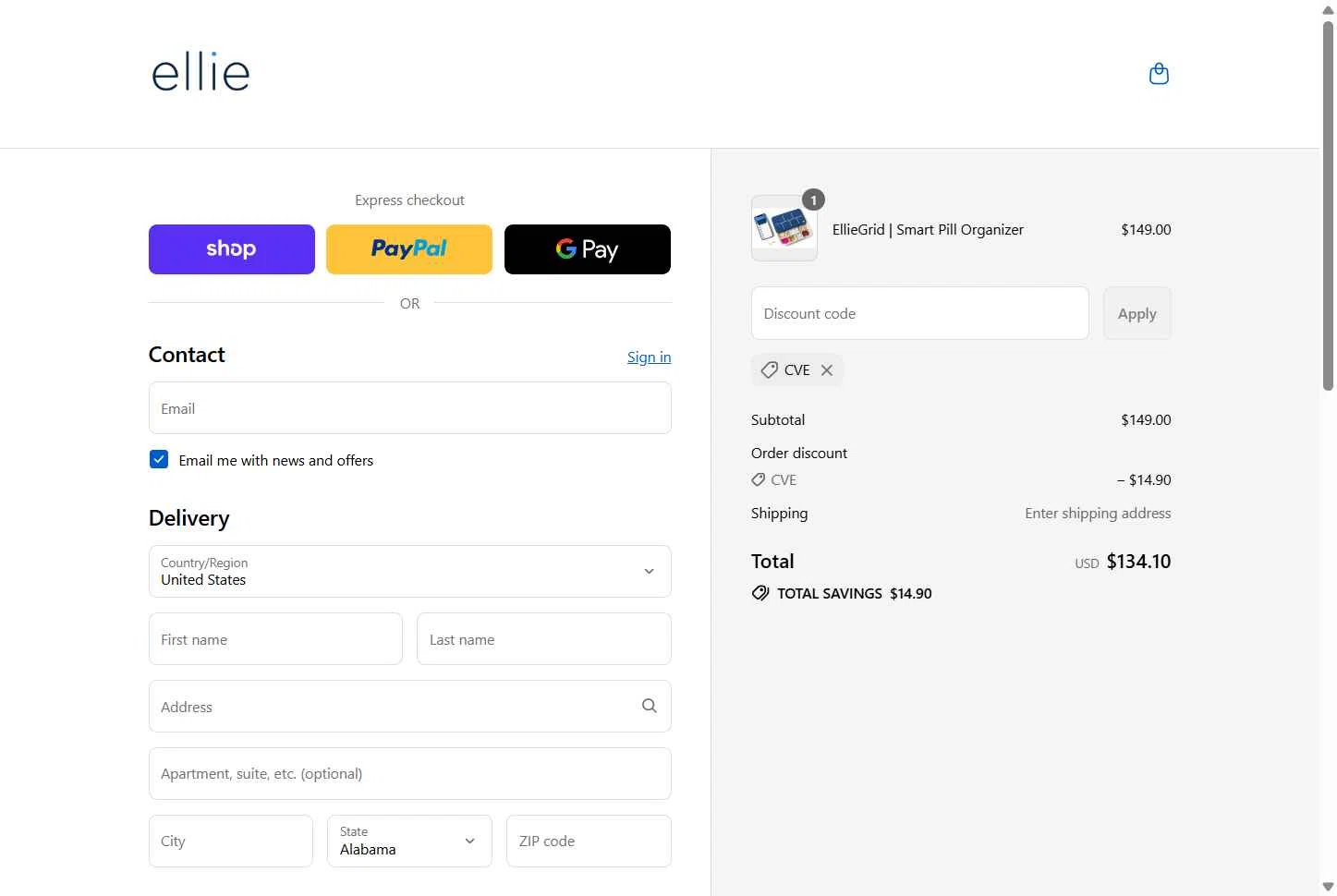 EllieGrid checkout page showing EllieGrid discount code box | Screenshot taken by SimplyCodes community member on Sep 14, 2025