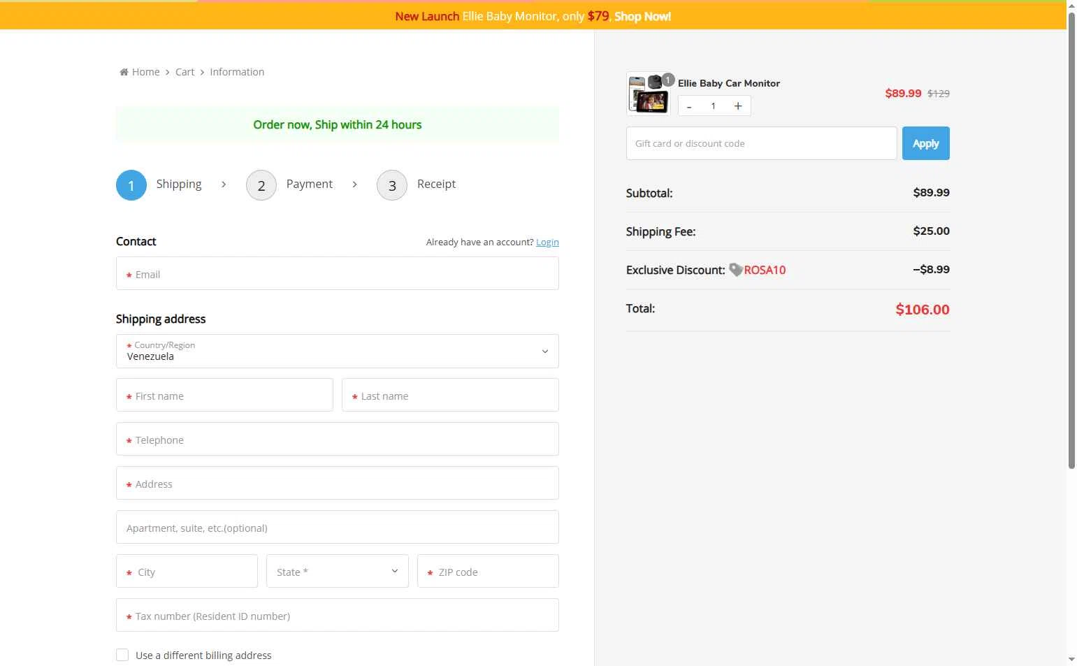 Ellie Baby Monitor checkout page showing Ellie Baby Monitor promo code box | Screenshot taken by SimplyCodes community member on Nov 21, 2025