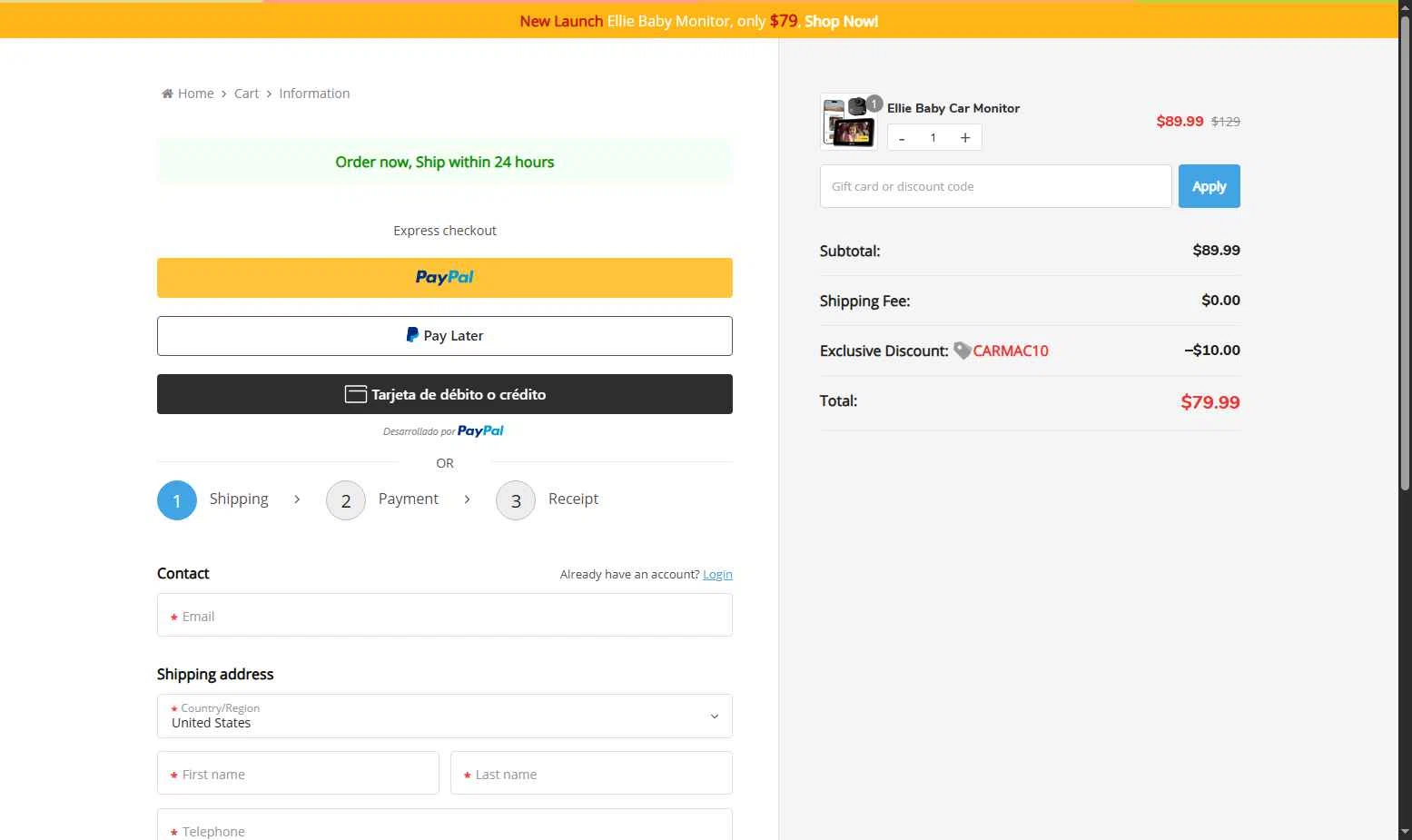 Ellie Baby Monitor checkout page showing Ellie Baby Monitor promo code box | Screenshot taken by SimplyCodes community member on Nov 6, 2025