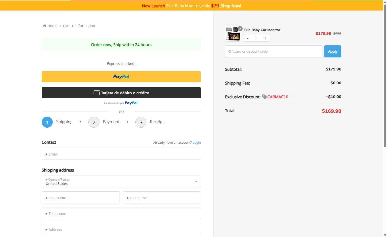 Ellie Baby Monitor checkout page showing Ellie Baby Monitor promo code box | Screenshot taken by SimplyCodes community member on Dec 19, 2025