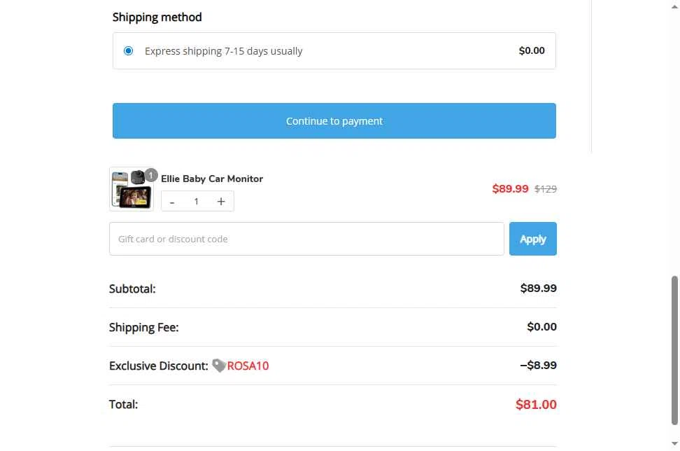 Ellie Baby Monitor checkout page showing Ellie Baby Monitor promo code box | Screenshot taken by SimplyCodes community member on Dec 19, 2025