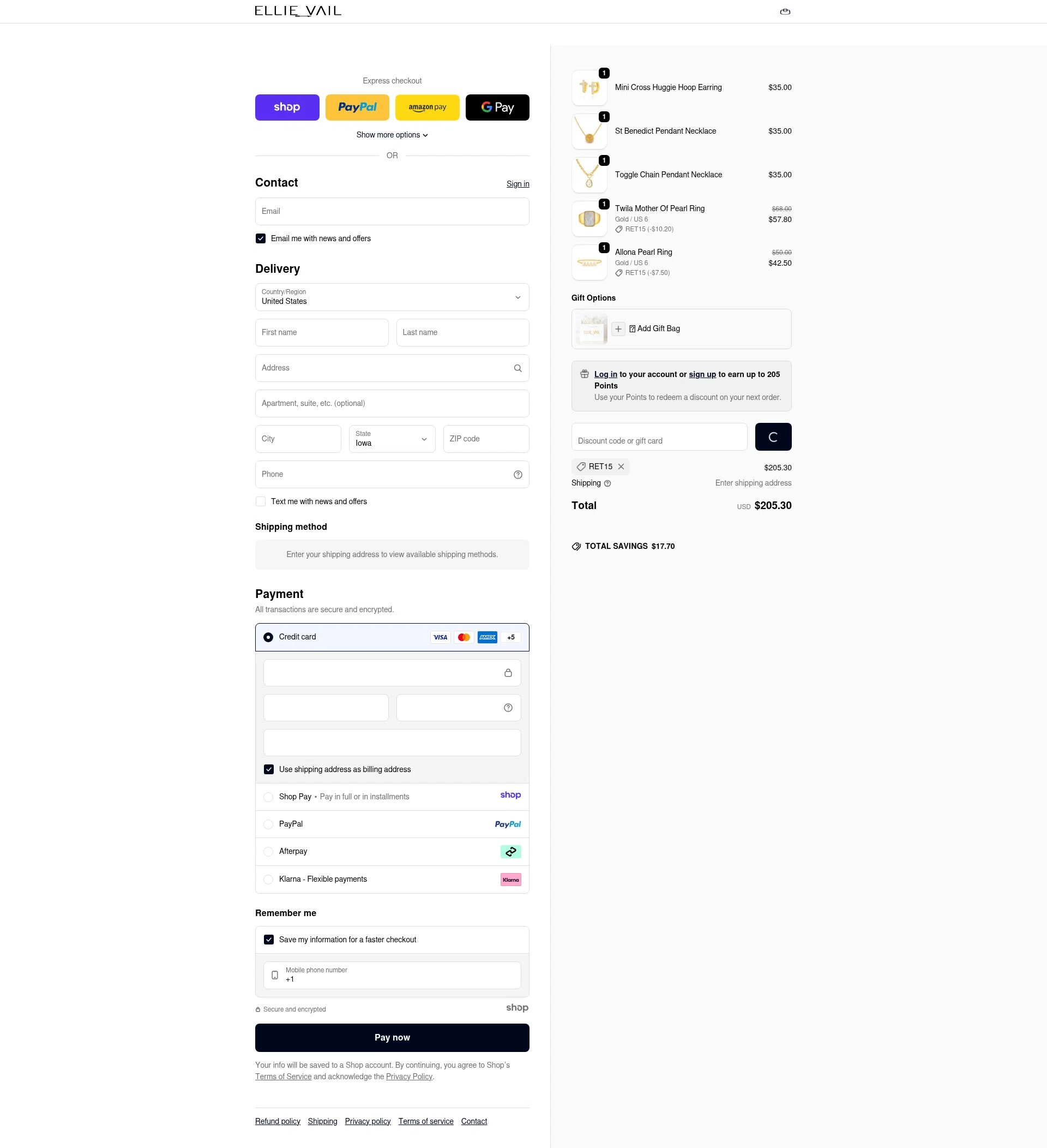 Ellie Vail Jewelry checkout page showing Ellie Vail Jewelry discount code box | Screenshot taken by SimplyCodes community member on Jan 1, 2026