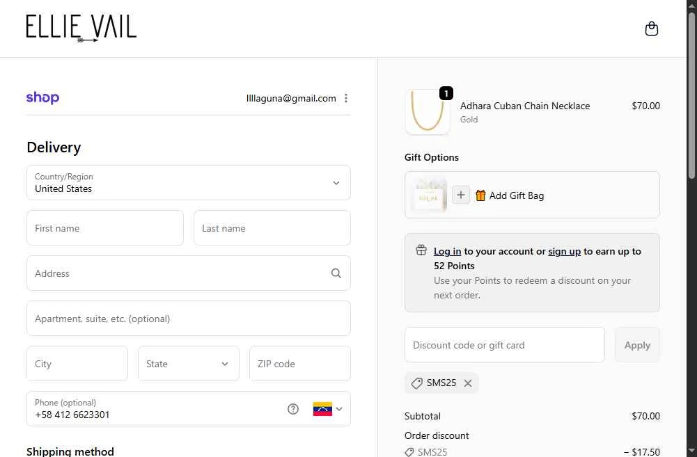 Ellie Vail Jewelry checkout page showing Ellie Vail Jewelry discount code box | Screenshot taken by SimplyCodes community member on Jan 1, 2026