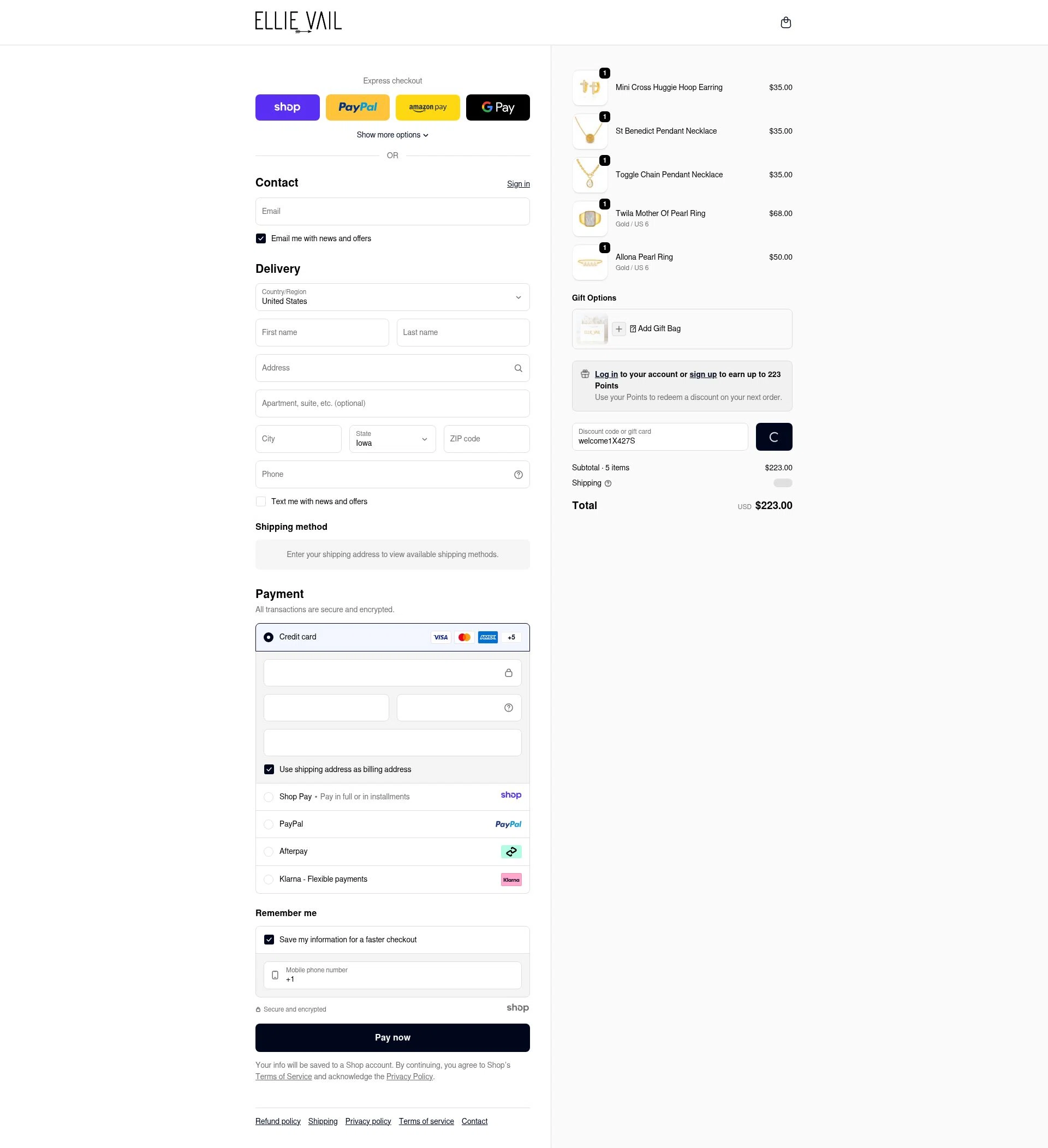 Ellie Vail Jewelry checkout page showing Ellie Vail Jewelry discount code box | Screenshot taken by SimplyCodes community member on Jan 1, 2026