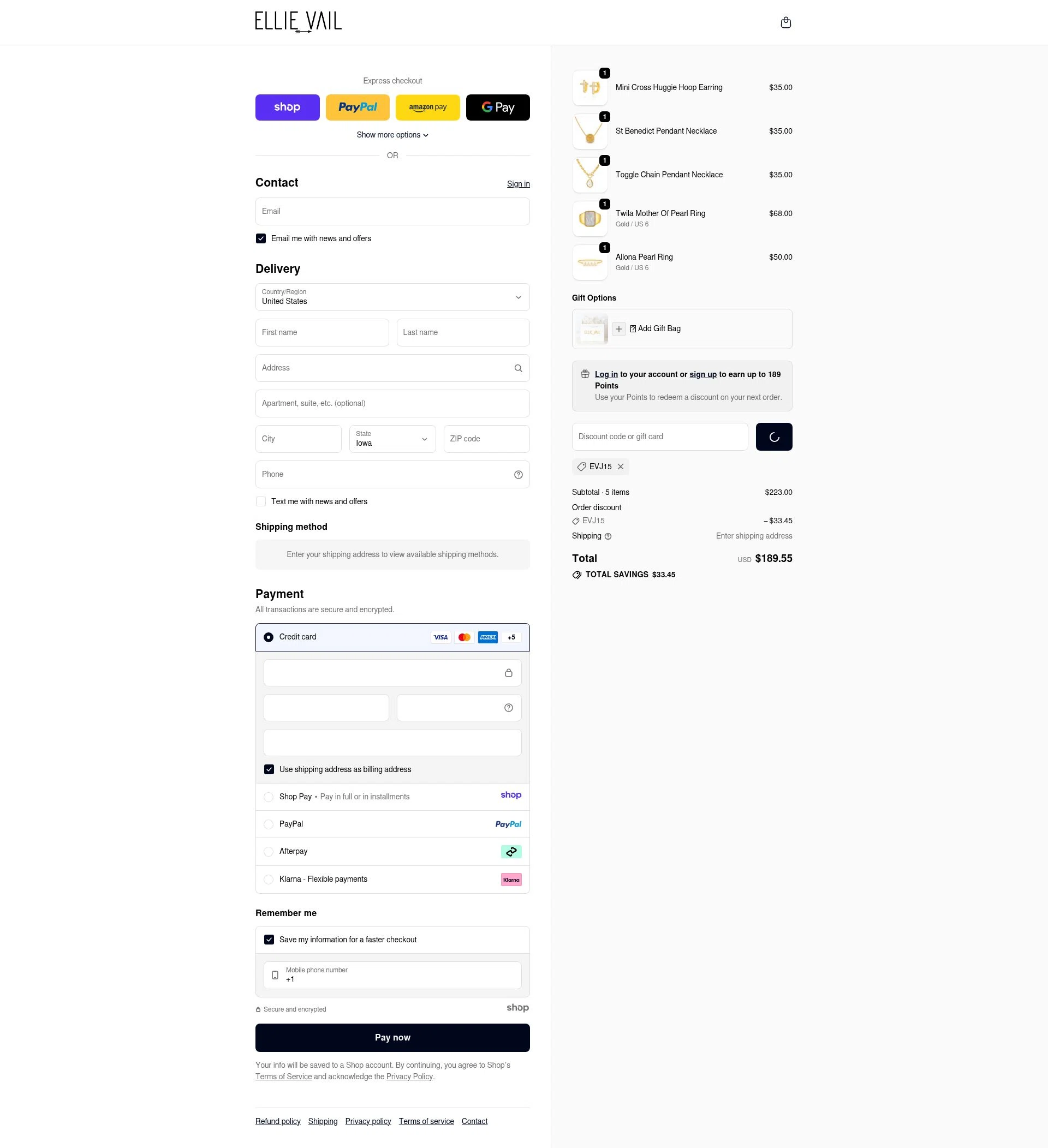 Ellie Vail Jewelry checkout page showing Ellie Vail Jewelry discount code box | Screenshot taken by SimplyCodes community member on Jan 1, 2026