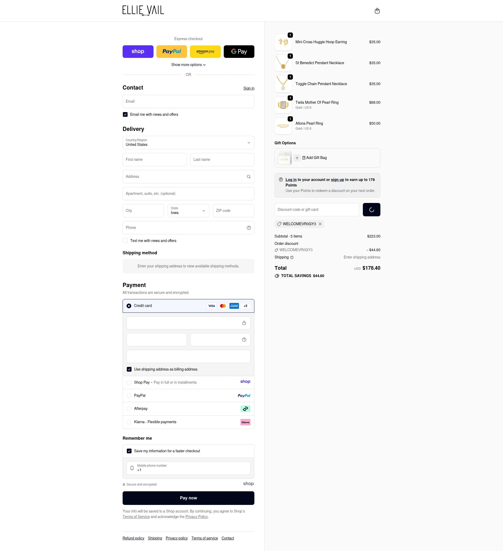 Ellie Vail Jewelry checkout page showing Ellie Vail Jewelry discount code box | Screenshot taken by SimplyCodes community member on Jan 1, 2026
