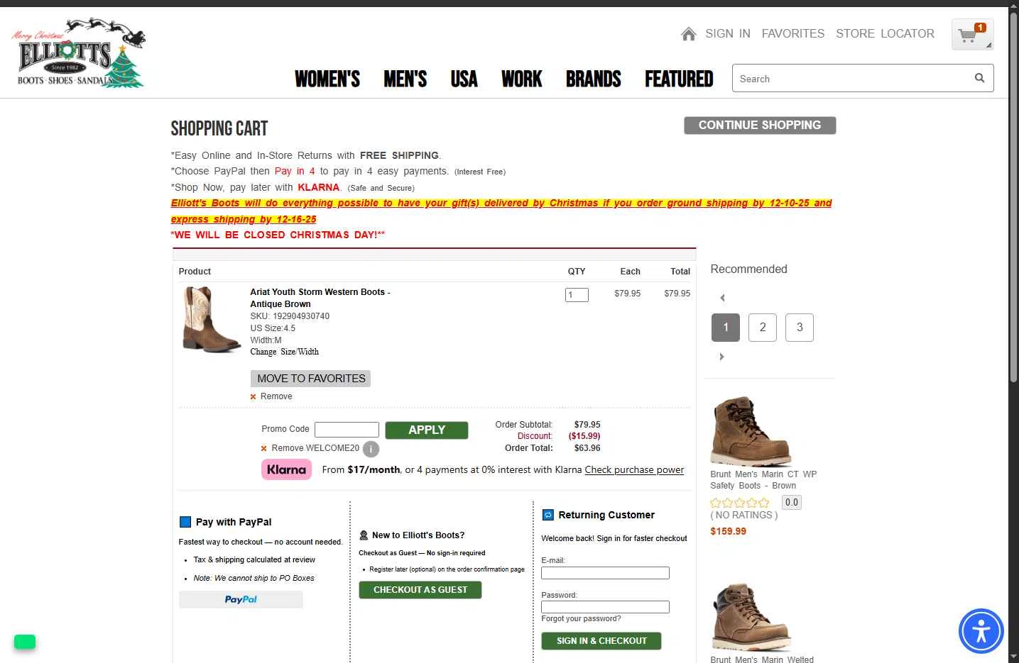 Elliott's Boots checkout page showing Elliott's Boots promo code box | Screenshot taken by SimplyCodes community member on Dec 27, 2025