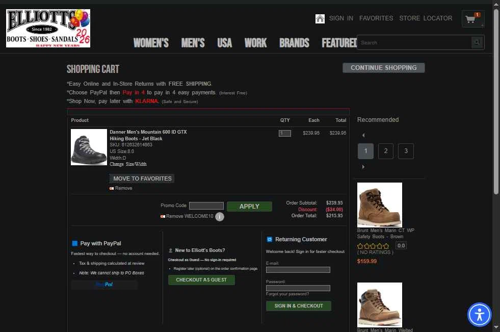 Elliott's Boots checkout page showing Elliott's Boots promo code box | Screenshot taken by SimplyCodes community member on Jan 7, 2026