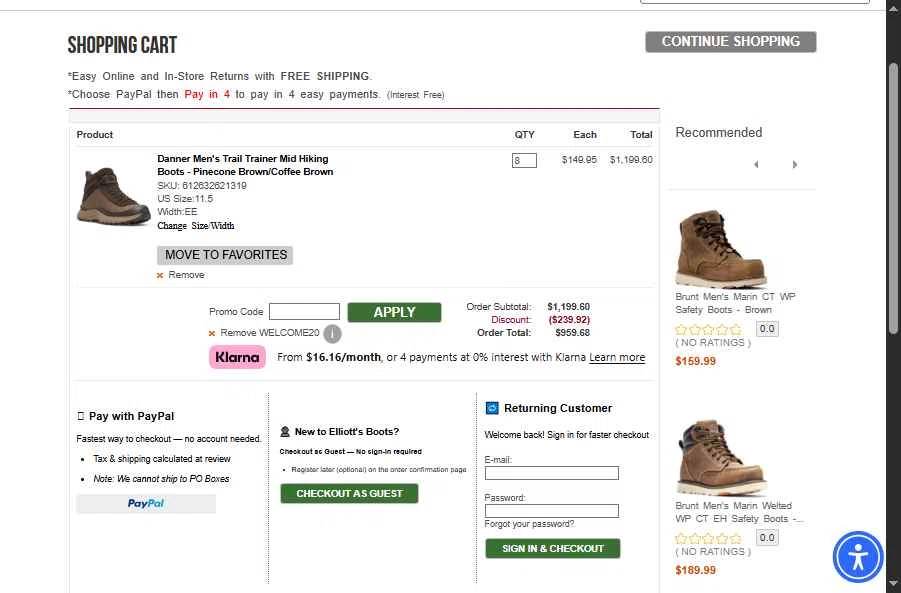 Elliott's Boots checkout page showing Elliott's Boots promo code box | Screenshot taken by SimplyCodes community member on Sep 11, 2025