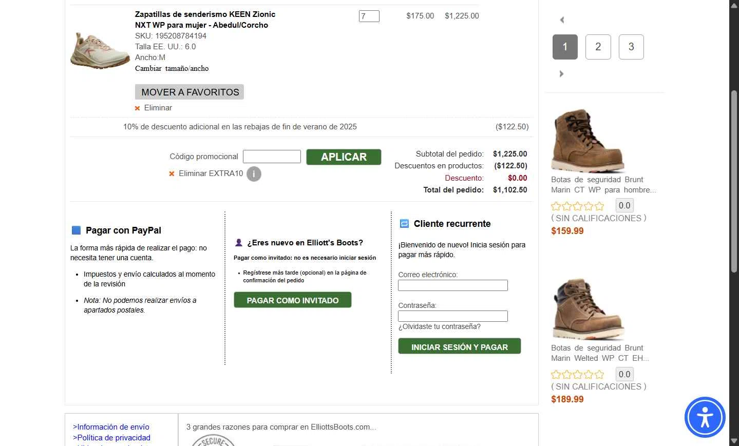 Elliott's Boots checkout page showing Elliott's Boots promo code box | Screenshot taken by SimplyCodes community member on Oct 8, 2025
