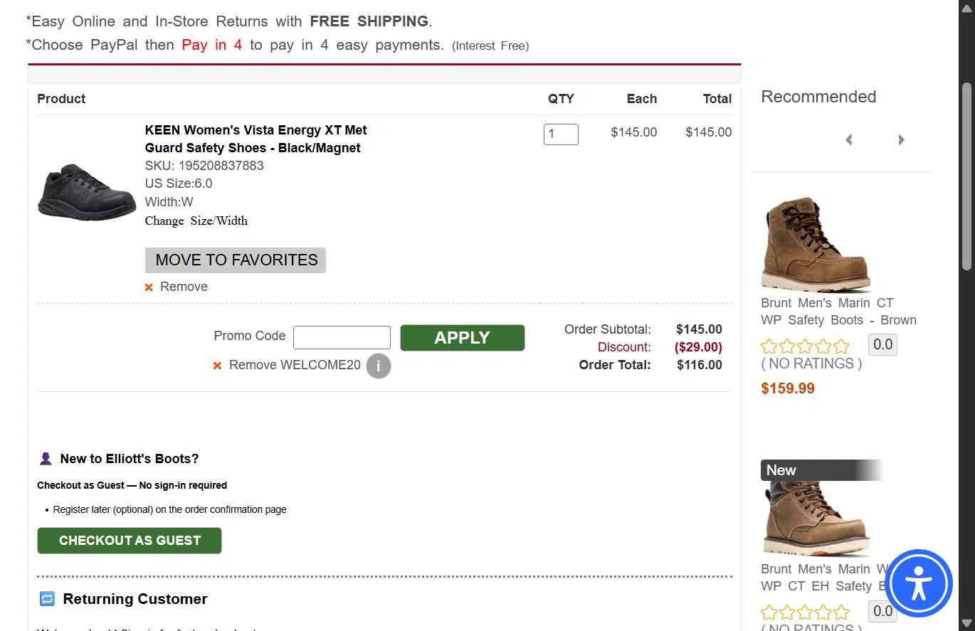 Elliott's Boots checkout page showing Elliott's Boots promo code box | Screenshot taken by SimplyCodes community member on Aug 29, 2025