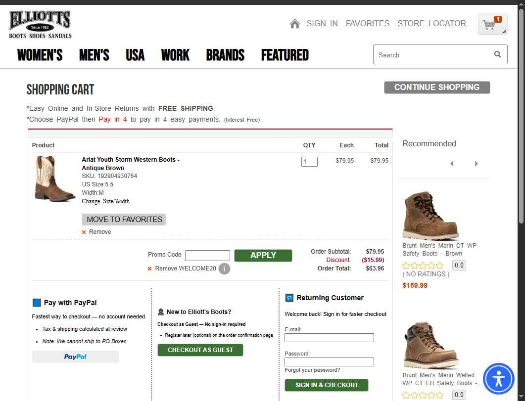 Elliott's Boots checkout page showing Elliott's Boots promo code box | Screenshot taken by SimplyCodes community member on Oct 10, 2025