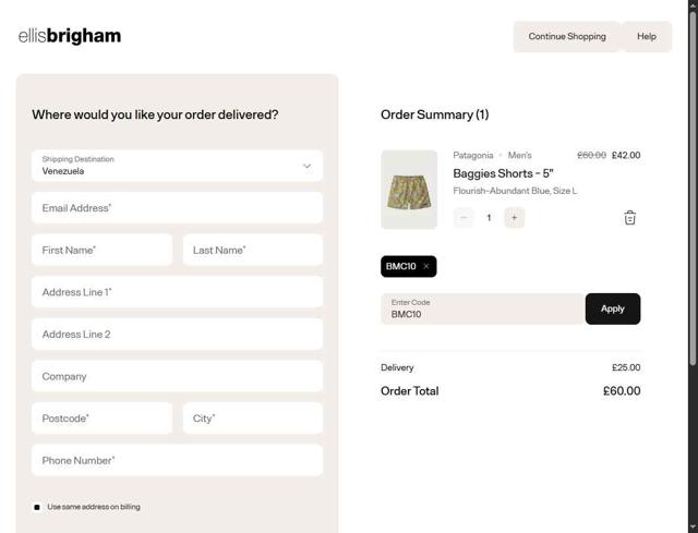 Ellis Brigham checkout page showing Ellis Brigham discount code box | Screenshot taken by SimplyCodes community member on Jul 22, 2025