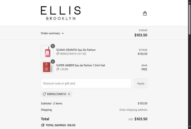 Ellis Brooklyn checkout page showing Ellis Brooklyn coupon code box | Screenshot taken by SimplyCodes community member on Sep 2, 2025